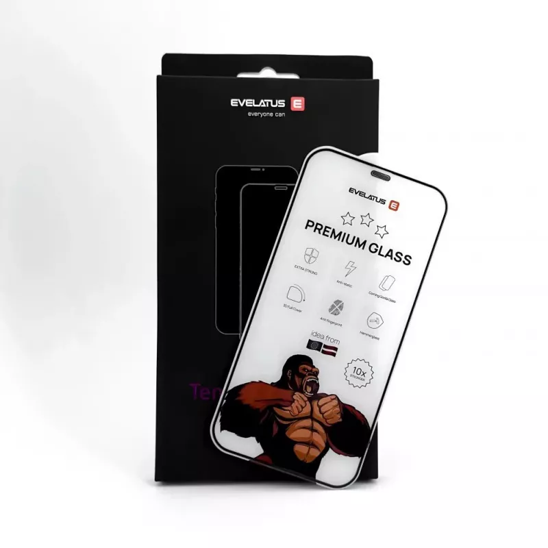 Evelatus Apple iPhone 15 Corning Gorilla Glass antiestático 3D Full Cover 10X más resistente negro