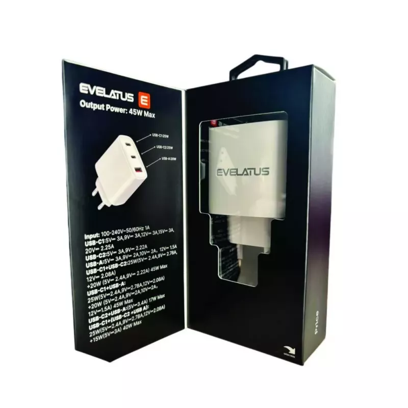 Evelatus Cargador rápido de 45W máx. EU USB-C1/USB-C1/USB-A - RCE-4501ACCL blanco