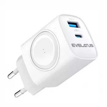 Evelatus Cargador 2 en 1 de 20W máx. USB-C+USB-A:15W máx. USB-C+USB-A+inalámbrico:15W+2W 17W máx. blanco