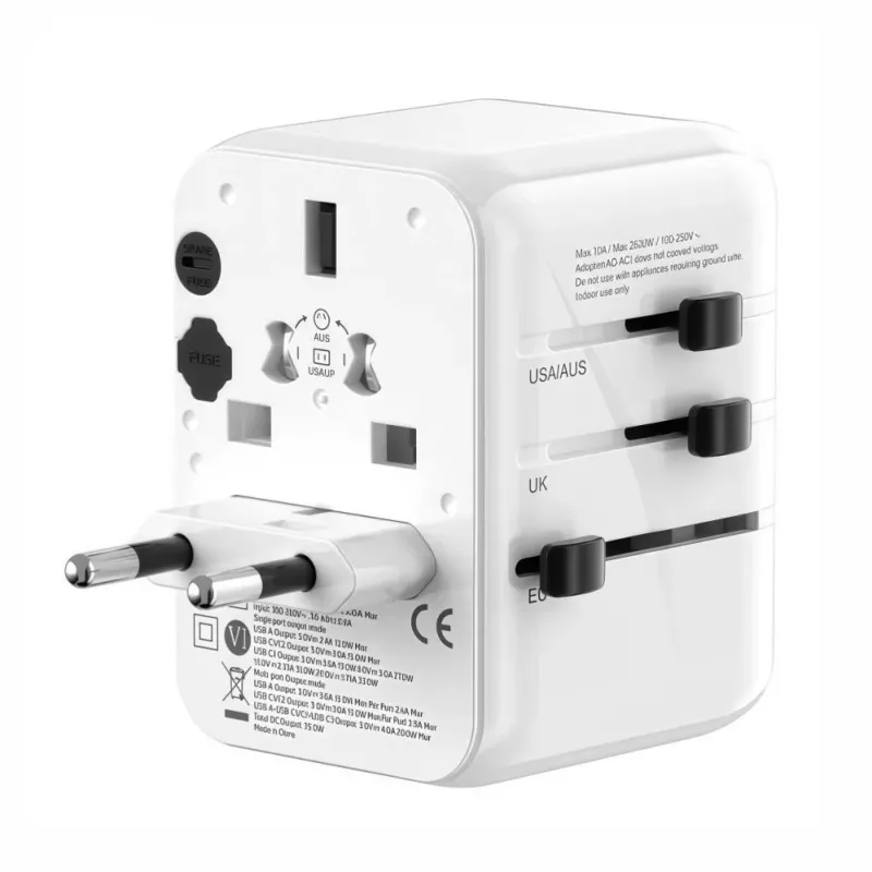 EVELATUS Adaptador de Viaje Universal 35W con 1 PD USB-C, 2 USB-C, 2 USB-A, Blanco
