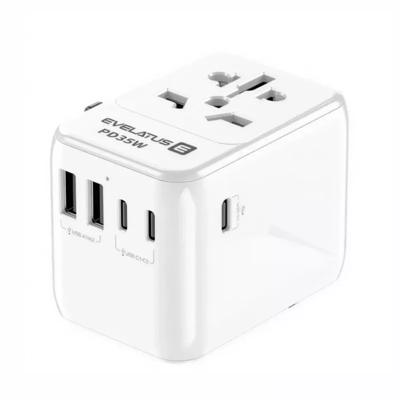 EVELATUS Adaptador de Viaje Universal 35W con 1 PD USB-C, 2 USB-C, 2 USB-A, Blanco