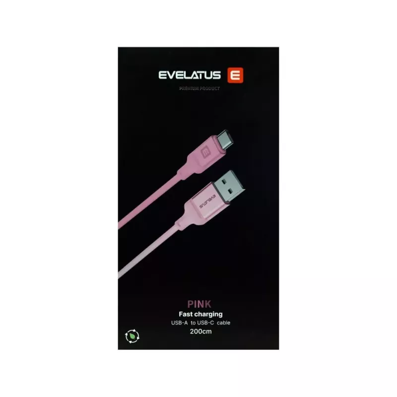 Evelatus Cable USB-A a USB-C 2M Nylon Trenzado Carcasa de Aluminio Rosa