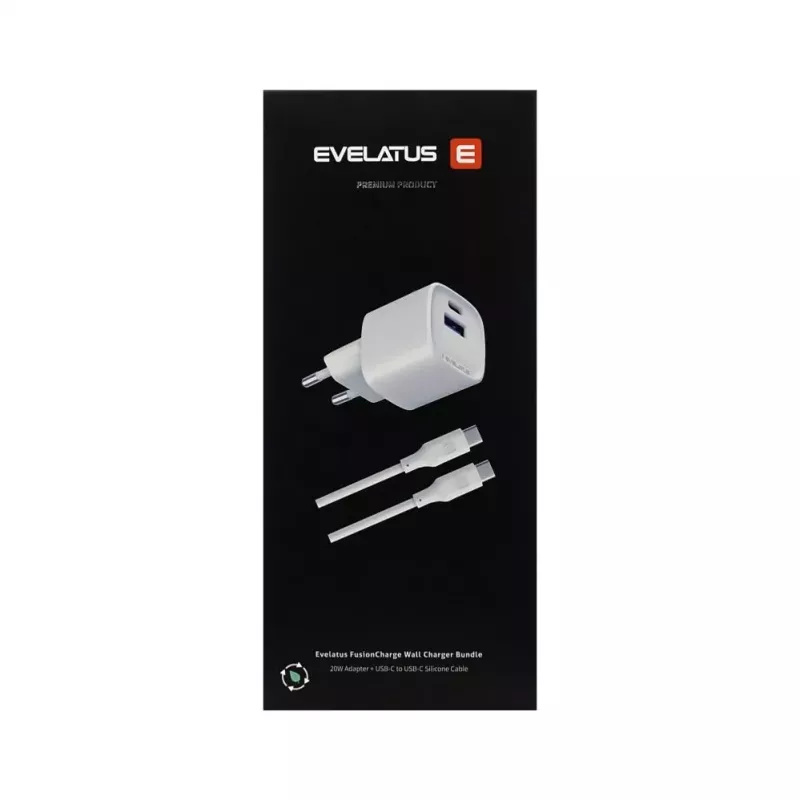 Evelatus FusionChage Wall Charger Bundle Adaptador de corriente 20W - Cable de silicona USB-C a USB-C 60W Blanco