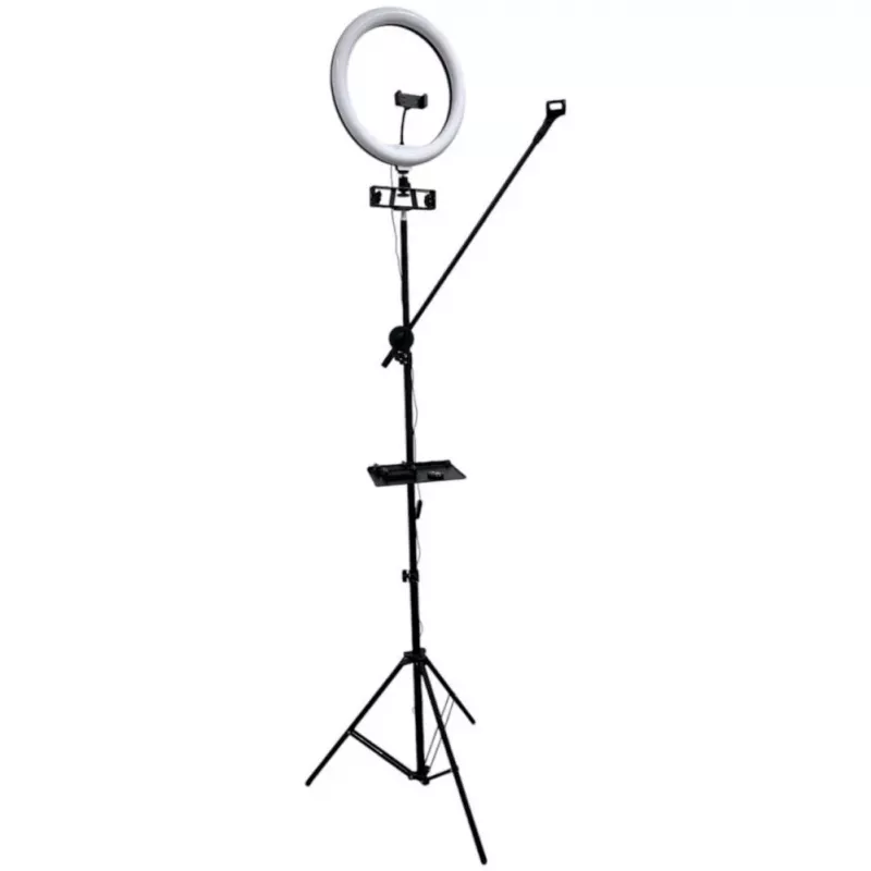 iLike Lámpara Anillo LED Selfie S14 36 cm + Trípode 2,1 m + Bandeja y 3 Soportes para Teléfono/Micrófono Negro