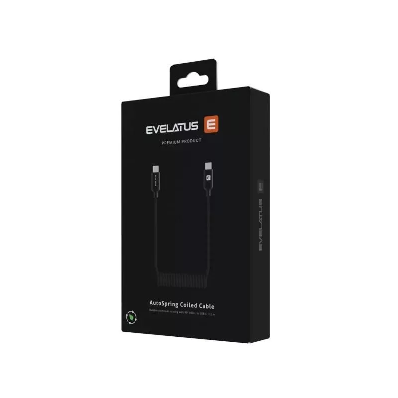 Cable en espiral AutoSpring Evelatus USB C a USB C 1.2M negro
