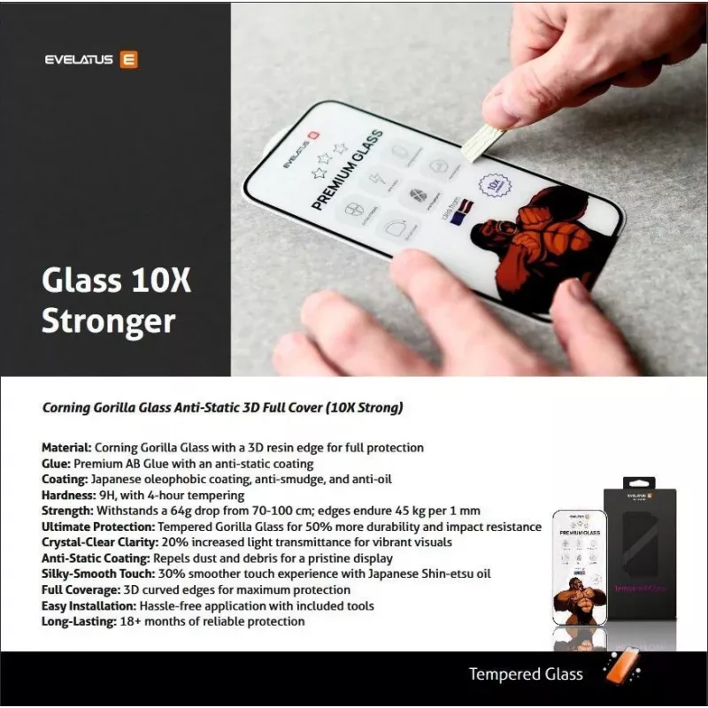Protector de pantalla Evelatus Samsung Galaxy S25 Edge Corning Gorilla Glass Anti-Static 3D Full Cover 10X Stronger