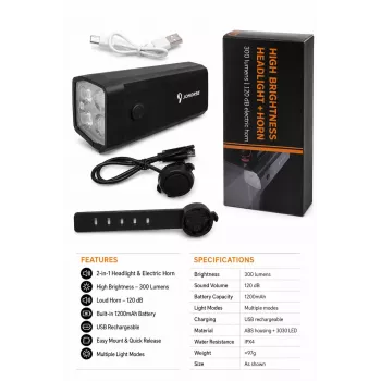 iLike faro recargable para bicicleta con bocina eléctrica de 120 dB, luz LED para bicicleta de 300 lúmenes, recargable por USB, mando a distancia en el manillar