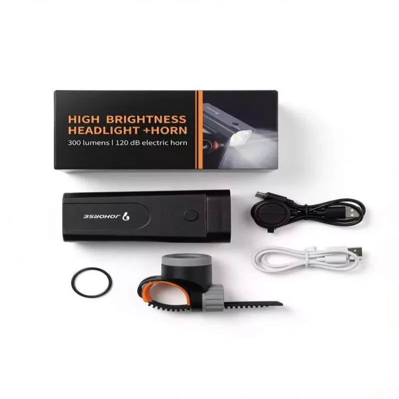 iLike JOHORSE faro de bicicleta y bocina eléctrica – 300 lúmenes, 120 dB, recargable por USB