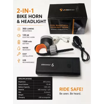 iLike JOHORSE faro para bicicleta y bocina eléctrica – 300 lúmenes, 120 dB, recargable por USB