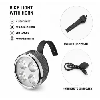 iLike Luz delantera de bicicleta recargable con bocina de 120dB, 280 lúmenes, 4 modos de luz, recargable por USB, mando a distancia inalámbrico