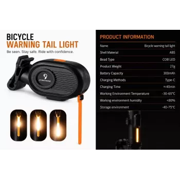 iLike JOWORSE Luz trasera de bicicleta COB LED recargable, luz trasera de bicicleta USB-C, luz de advertencia para bicicleta impermeable 300mAh