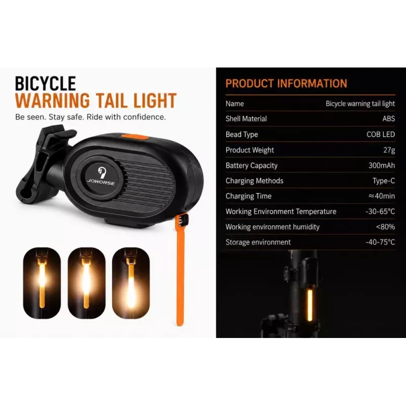 iLike JOWORSE Luz trasera de bicicleta COB LED recargable, luz trasera de bicicleta USB-C, luz de advertencia para bicicleta impermeable 300mAh