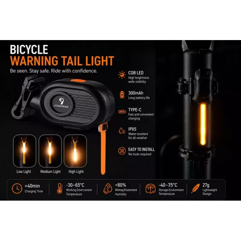 iLike JOWORSE Luz trasera de bicicleta COB LED recargable, luz trasera de bicicleta USB-C, luz de advertencia para bicicleta impermeable 300mAh