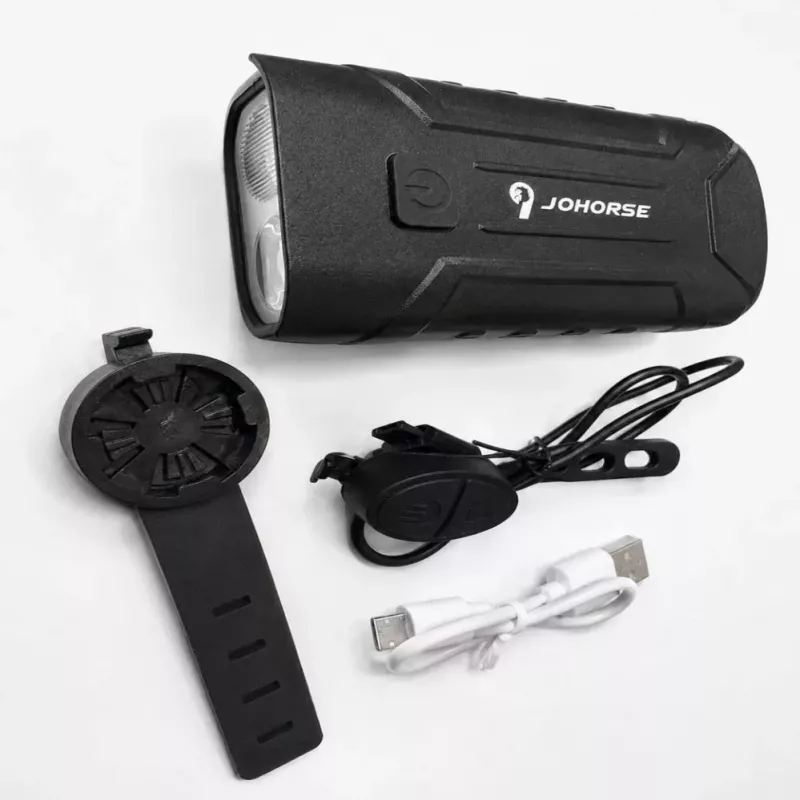 iLike JOHORSE Luz de bicicleta recargable con bocina de 120dB, faro de bicicleta LED recargable por USB, luz de carretera/cruce, impermeable IPX4, luz delantera negra