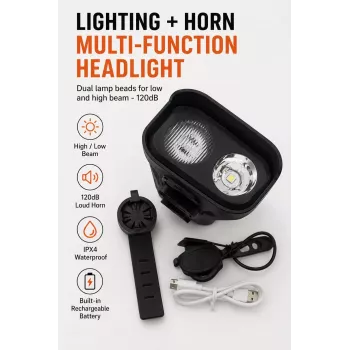 iLike JOHORSE Luz de bicicleta recargable con bocina de 120dB, faro de bicicleta LED recargable por USB, luz de carretera/cruce, impermeable IPX4, luz delantera negra