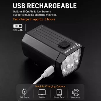 iLike JOHORSE Faro de bicicleta recargable por USB con bocina eléctrica de 120dB, luz delantera de bicicleta de 300LM 4 LED, 7 modos de iluminación, mando remoto en el manillar, impermeable IPX4 negro
