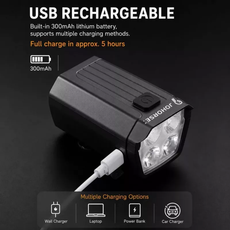 iLike JOHORSE Luz delantera de bicicleta recargable por USB con bocina eléctrica de 120dB, 300LM 4 LED luz delantera de bicicleta, 7 modos de iluminación, mando a distancia para el manillar, resistente al agua IPX4 negro