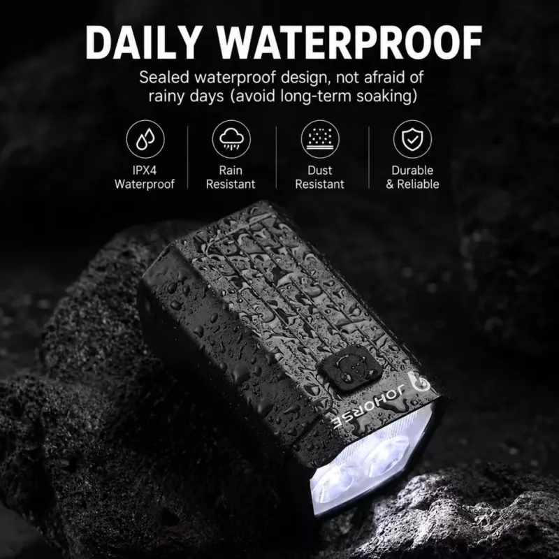 iLike JOHORSE Luz delantera de bicicleta recargable por USB con bocina eléctrica de 120dB, 300LM 4 LED luz delantera de bicicleta, 7 modos de iluminación, mando a distancia para el manillar, resistente al agua IPX4 negro