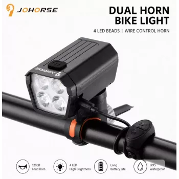 iLike JOHORSE Faro de bicicleta recargable por USB con bocina eléctrica de 120dB, luz delantera de bicicleta de 300LM 4 LED, 7 modos de iluminación, mando remoto en el manillar, impermeable IPX4 negro