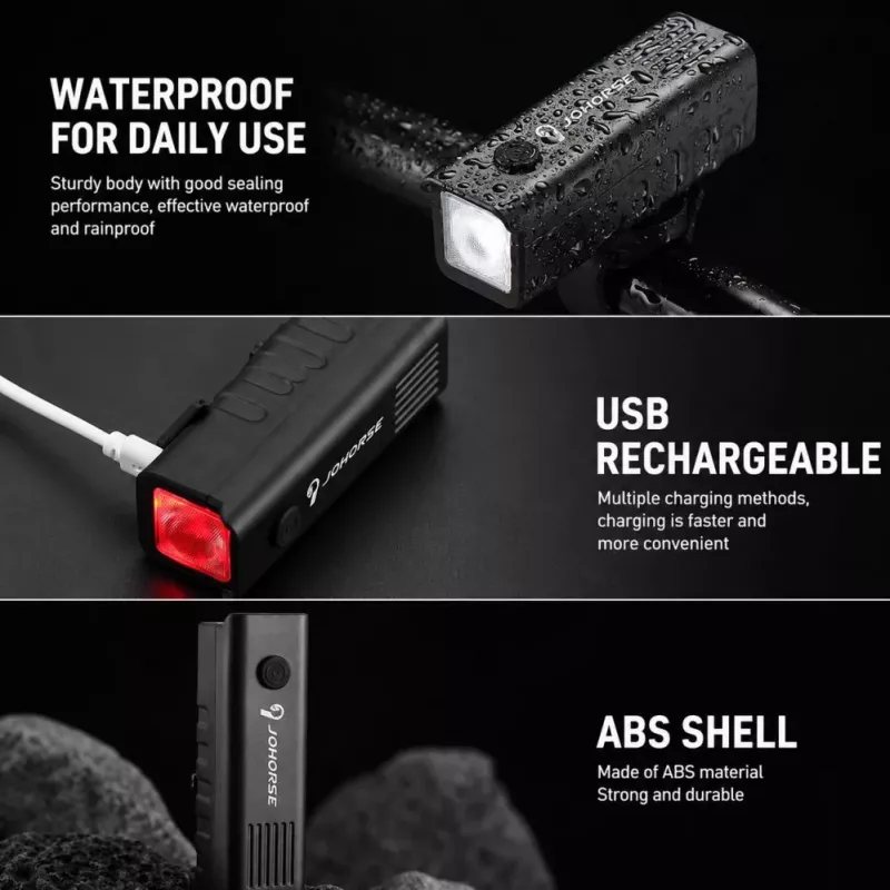 iLike JOHORSE Luz delantera de bicicleta recargable por USB, luz delantera de bicicleta LED de alta luminosidad, impermeable IPX4, carcasa de ABS, montaje fácil en el manillar