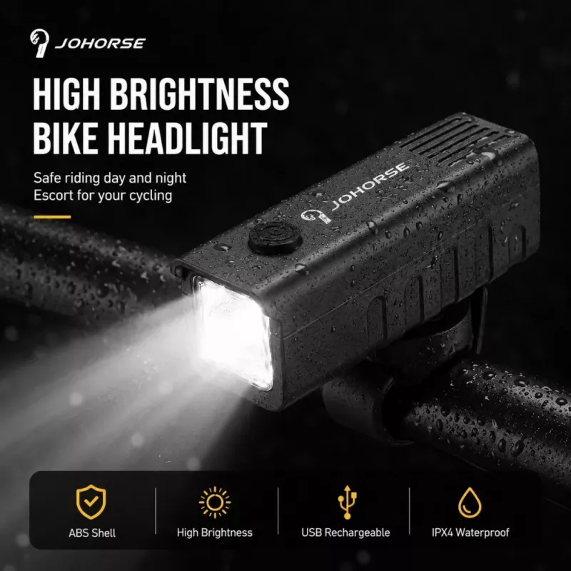 iLike JOHORSE Luz delantera de bicicleta recargable por USB, luz delantera de bicicleta LED de alta luminosidad, impermeable IPX4, carcasa de ABS, montaje fácil en el manillar