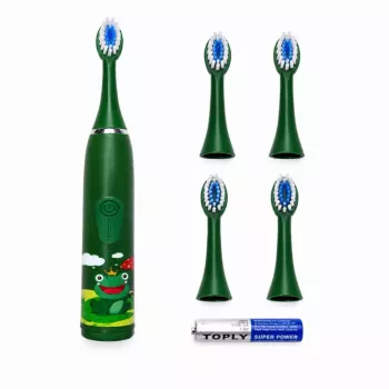 iLike Cepillo de dientes eléctrico sónico para niños, impermeable, 5 cabezales (1+4 cabezales de repuesto), a pilas, cerdas suaves, diseño rana verde, verde