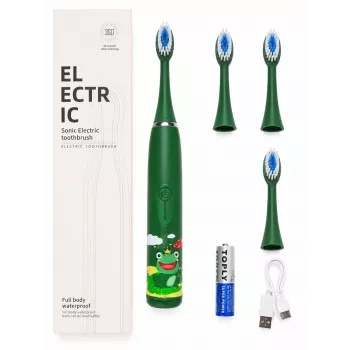 iLike Cepillo de dientes eléctrico sónico para niños, impermeable, 5 cabezales (1+4 cabezales de repuesto), a pilas, cerdas suaves, diseño rana verde, verde