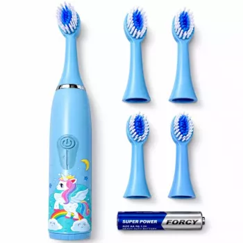 iLike Cepillo de dientes sónico para niños, impermeable, 5 cabezales (1+4 cabezales de repuesto), a pilas, cerdas suaves, diseño unicornio, azul