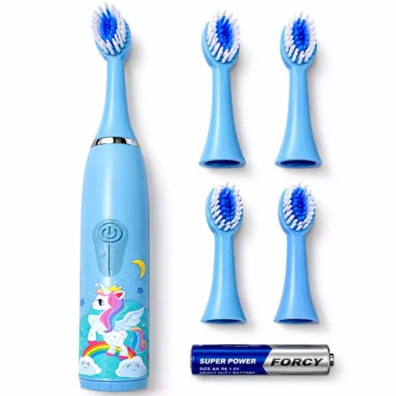 iLike Cepillo de dientes sónico para niños, impermeable, 5 cabezales (1+4 cabezales de repuesto), a pilas, cerdas suaves, diseño unicornio, azul
