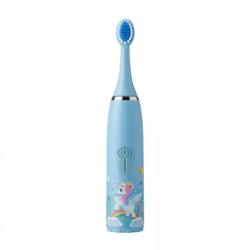 iLike Cepillo de dientes sónico para niños, impermeable, 5 cabezales (1+4 cabezales de repuesto), a pilas, cerdas suaves, diseño unicornio, azul