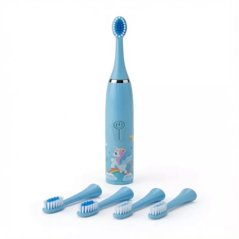 iLike Cepillo de dientes sónico para niños, impermeable, 5 cabezales (1+4 cabezales de repuesto), a pilas, cerdas suaves, diseño unicornio, azul