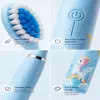 iLike Cepillo de dientes sónico para niños, impermeable, 5 cabezales (1+4 cabezales de repuesto), a pilas, cerdas suaves, diseño unicornio, azul