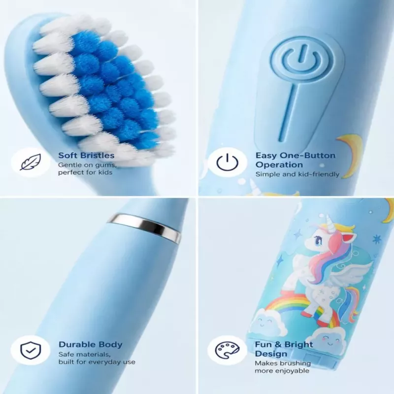 iLike Cepillo de dientes sónico para niños, impermeable, 5 cabezales (1+4 cabezales de repuesto), a pilas, cerdas suaves, diseño unicornio, azul