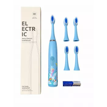 iLike Cepillo de dientes sónico para niños, impermeable, 5 cabezales (1+4 cabezales de repuesto), a pilas, cerdas suaves, diseño unicornio, azul