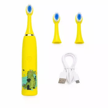iLike Cepillo de dientes eléctrico sónico recargable para niños, carga USB, 3 cabezales (1+2 cabezales de repuesto), cerdas suaves, impermeable, diseño cocodrilo amarillo