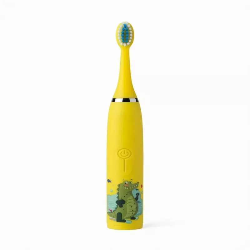 iLike Cepillo de dientes eléctrico sónico recargable para niños, carga USB, 3 cabezales (1+2 cabezales de repuesto), cerdas suaves, impermeable, diseño cocodrilo amarillo