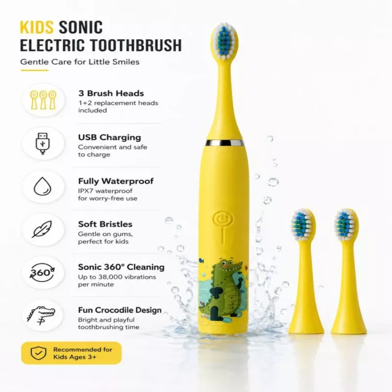 iLike Cepillo de dientes eléctrico sónico recargable para niños, carga USB, 3 cabezales (1+2 cabezales de repuesto), cerdas suaves, impermeable, diseño cocodrilo amarillo