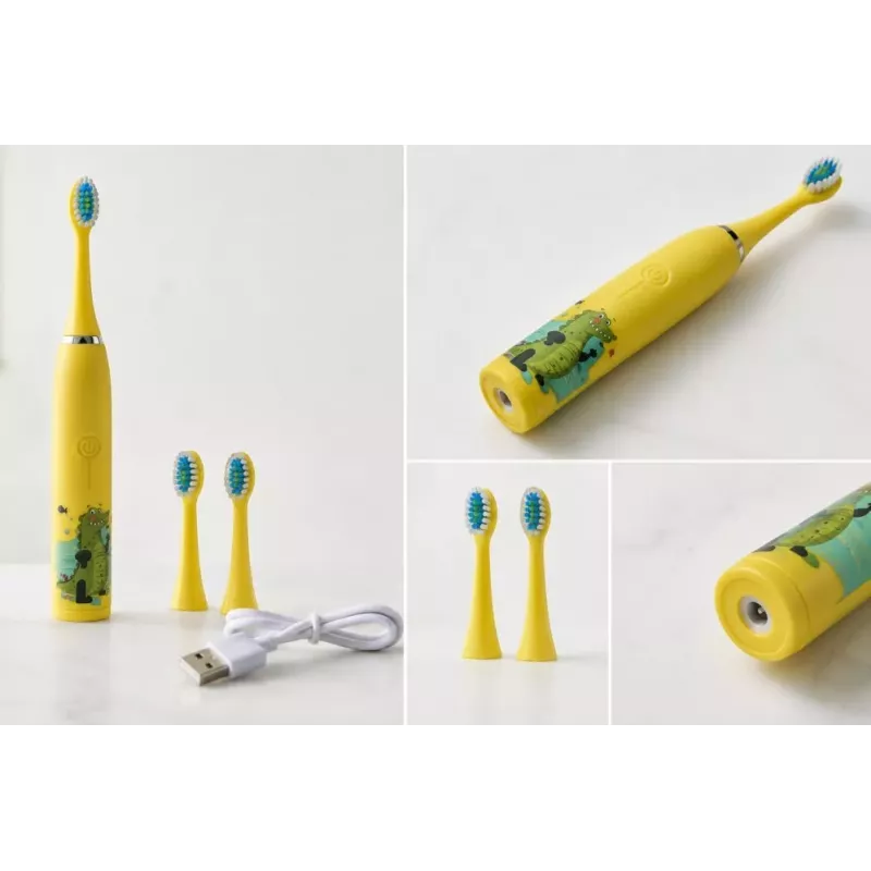 iLike Cepillo de dientes eléctrico sónico recargable para niños, carga USB, 3 cabezales (1+2 cabezales de repuesto), cerdas suaves, impermeable, diseño cocodrilo amarillo