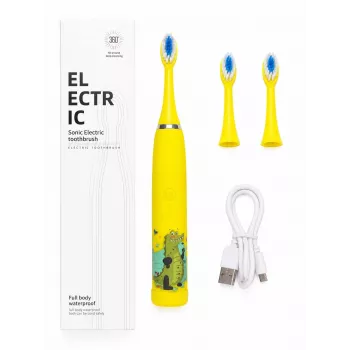 iLike Cepillo de dientes eléctrico sónico recargable para niños, carga USB, 3 cabezales (1+2 cabezales de repuesto), cerdas suaves, impermeable, diseño cocodrilo amarillo