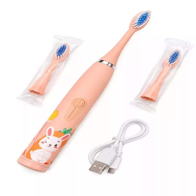 iLike Cepillo de dientes eléctrico sónico recargable para niños, carga USB, 3 cabezales (1+2 cabezales de repuesto), cerdas suaves, impermeable, diseño conejito, rosa