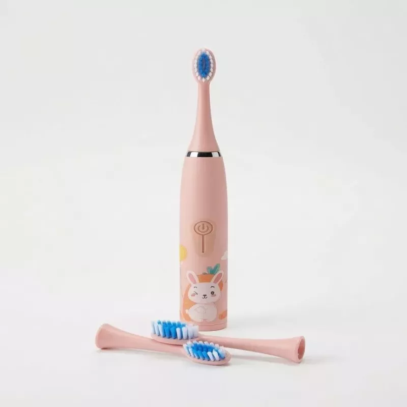 iLike Cepillo de dientes eléctrico sónico recargable para niños, carga USB, 3 cabezales (1+2 cabezales de repuesto), cerdas suaves, impermeable, diseño conejito, rosa