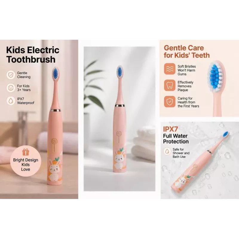 iLike Cepillo de dientes eléctrico sónico recargable para niños, carga USB, 3 cabezales (1+2 cabezales de repuesto), cerdas suaves, impermeable, diseño conejito, rosa