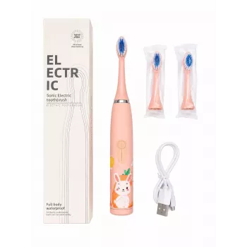 iLike Cepillo de dientes eléctrico sónico recargable para niños, carga USB, 3 cabezales (1+2 cabezales de repuesto), cerdas suaves, impermeable, diseño conejito, rosa