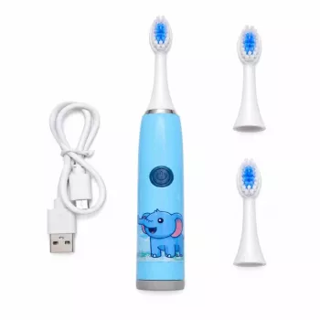 iLike Cepillo de dientes eléctrico sónico recargable para niños, carga USB, 3 cabezales (1+2 cabezales de repuesto), cerdas suaves, impermeable, diseño elefante azul, azul