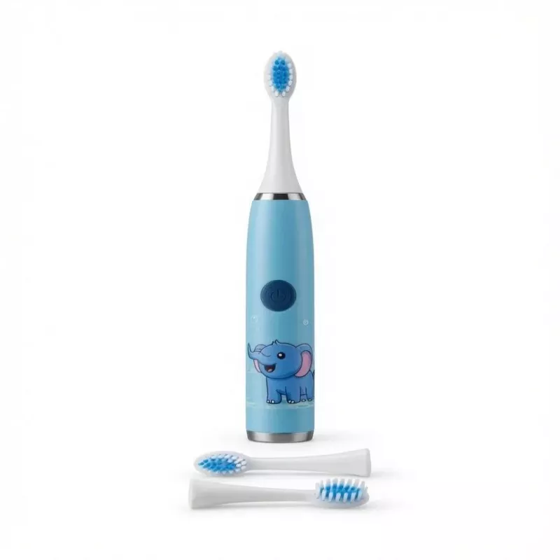 iLike Cepillo de dientes eléctrico sónico recargable para niños, carga USB, 3 cabezales (1+2 cabezales de repuesto), cerdas suaves, impermeable, diseño elefante azul, azul
