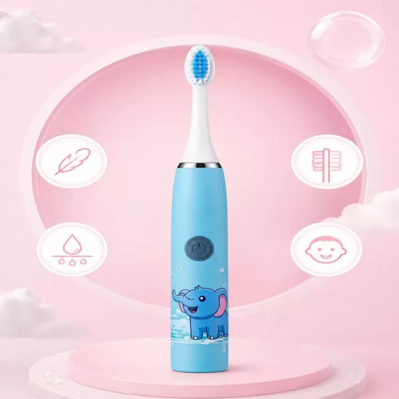 iLike Cepillo de dientes eléctrico sónico recargable para niños, carga USB, 3 cabezales (1+2 cabezales de repuesto), cerdas suaves, impermeable, diseño elefante azul, azul