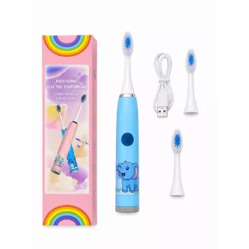 iLike Cepillo de dientes eléctrico sónico recargable para niños, carga USB, 3 cabezales (1+2 cabezales de repuesto), cerdas suaves, impermeable, diseño elefante azul, azul