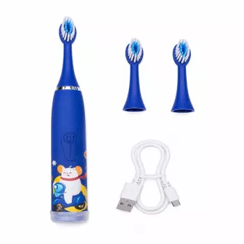 iLike Cepillo de dientes eléctrico sónico recargable para niños, carga USB, 3 cabezales (1+2 cabezales de repuesto), cerdas suaves, impermeable, diseño oso azul, azul