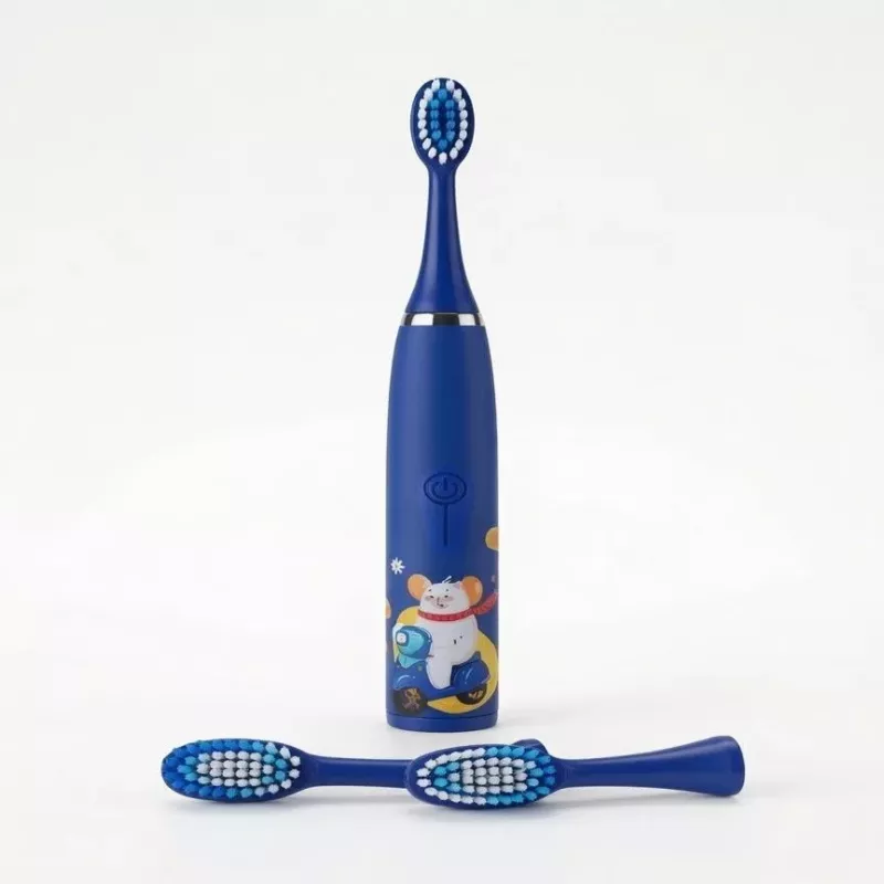 iLike Cepillo de dientes eléctrico sónico recargable para niños, carga USB, 3 cabezales (1+2 cabezales de repuesto), cerdas suaves, impermeable, diseño oso azul, azul