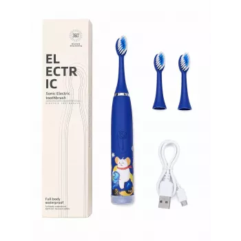 iLike Cepillo de dientes eléctrico sónico recargable para niños, carga USB, 3 cabezales (1+2 cabezales de repuesto), cerdas suaves, impermeable, diseño oso azul, azul